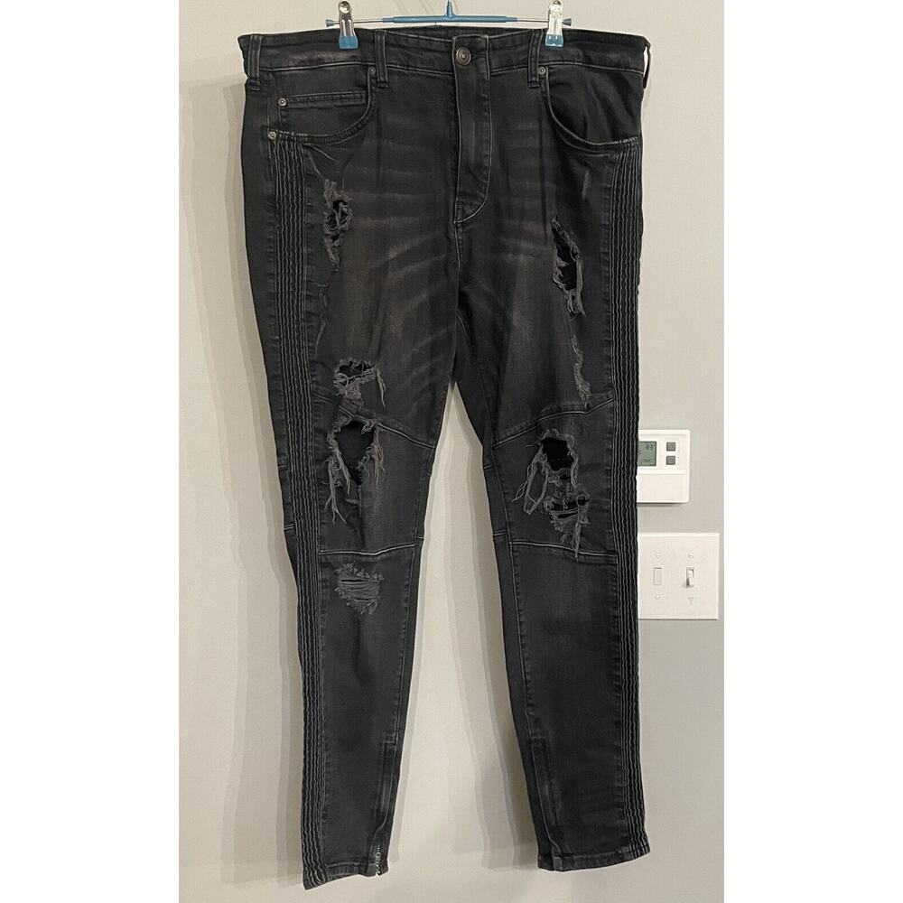 True Religion Jeans Mick Slouchy Skinny Moto Destroyed‎ Black Denim Men’s 38